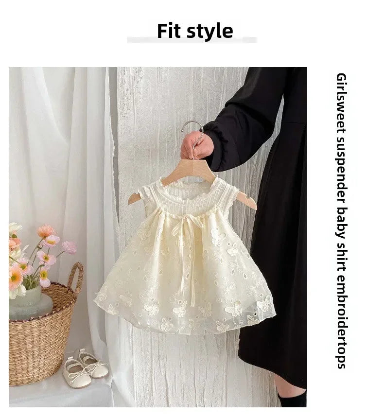 Girls' Korean Version Summer New 2025 Cute Bow Suspender Doll Shirt, Children's Stylish Embroidered Sweet Top