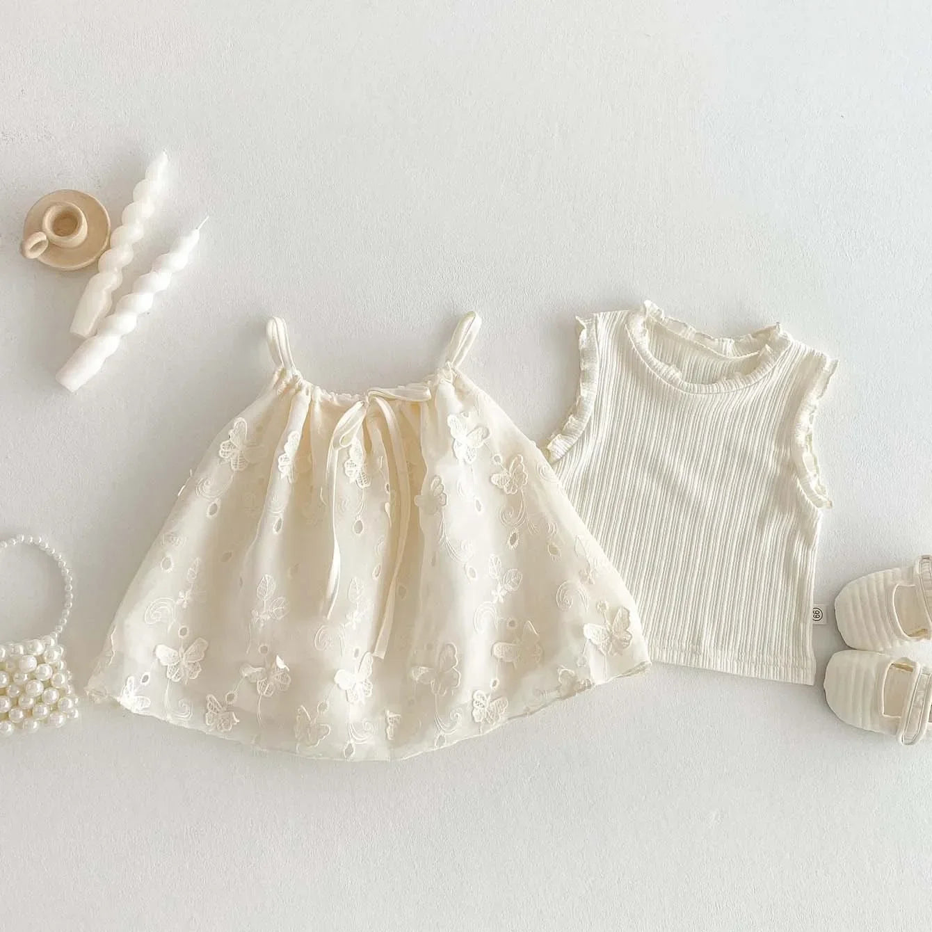 Girls' Korean Version Summer New 2025 Cute Bow Suspender Doll Shirt, Children's Stylish Embroidered Sweet Top