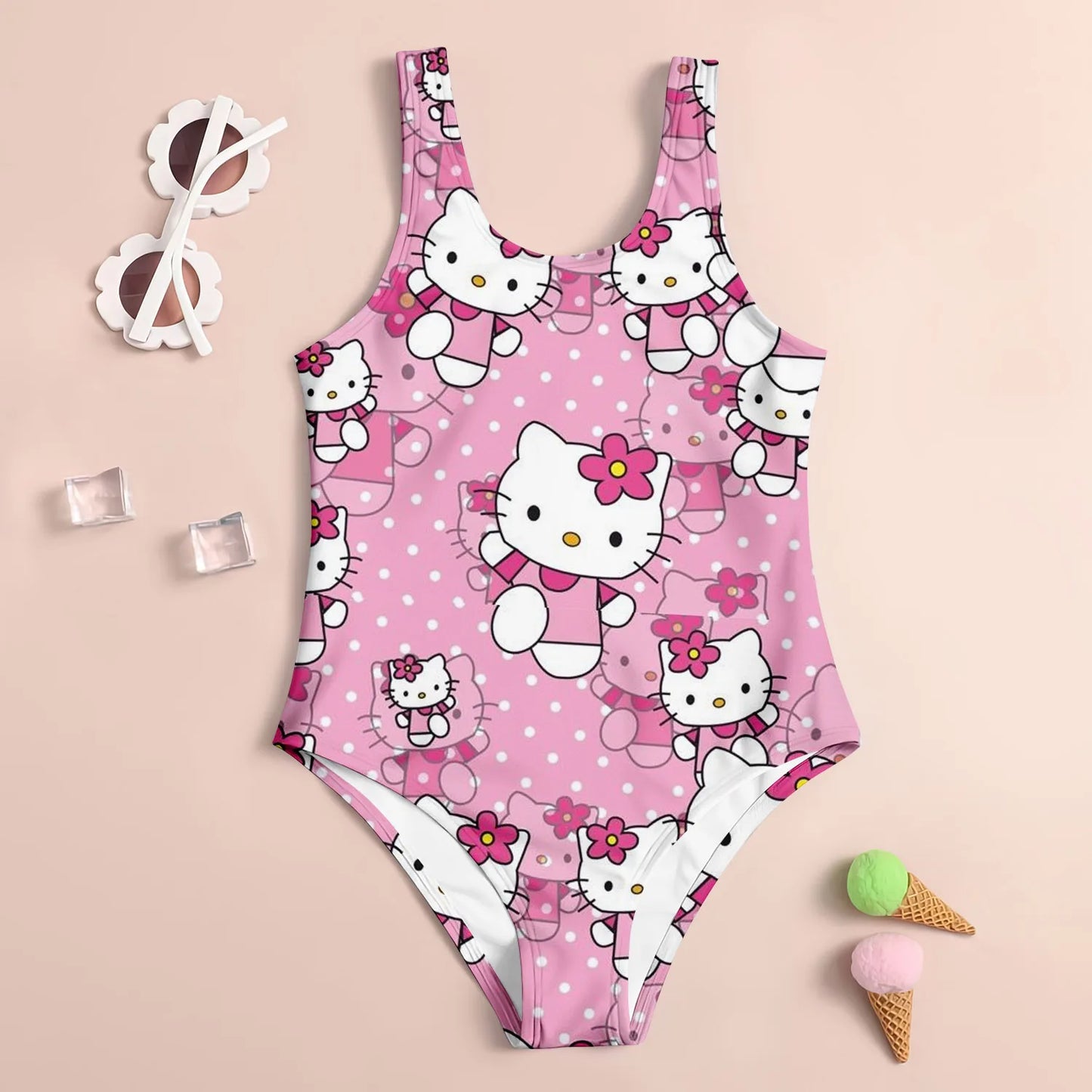 Kids set swimsuit 3D hello kitty printed pattern printed girl's swimsuit - suitable for summer beach vacation swimming