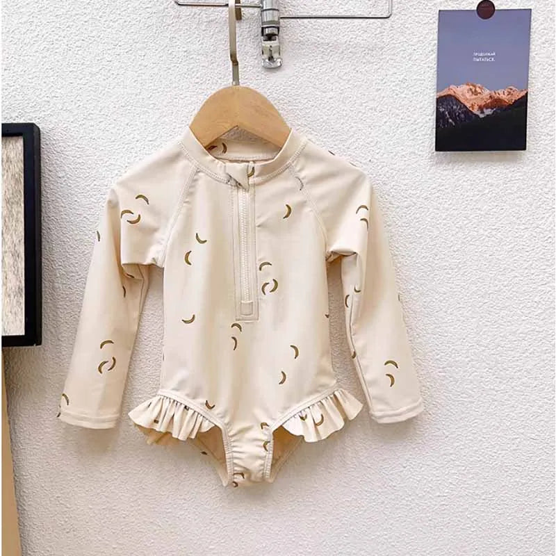 Children's Swimming Costume Girls Jumpsuit Long-Sleeved Swimsuit Baby Sunscreen Quick-Dry Swimwear Kids Cute Summer Beachwear
