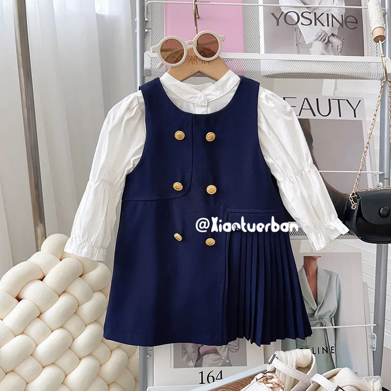 Girls' College Style Dress 2025 Spring and Autumn New Girl Baby Korean Version Tank Top Skirt Lace Shirt Two Piece Set
