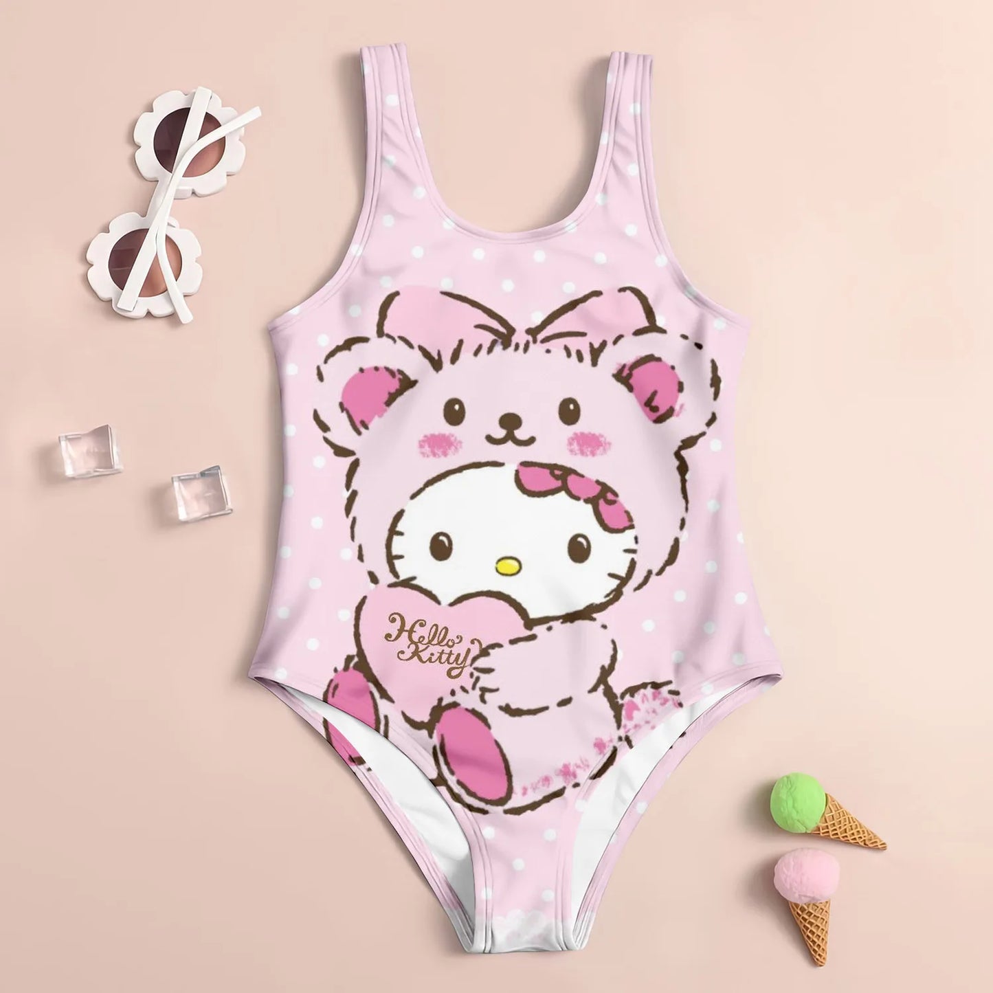 Kids set swimsuit 3D hello kitty printed pattern printed girl's swimsuit - suitable for summer beach vacation swimming
