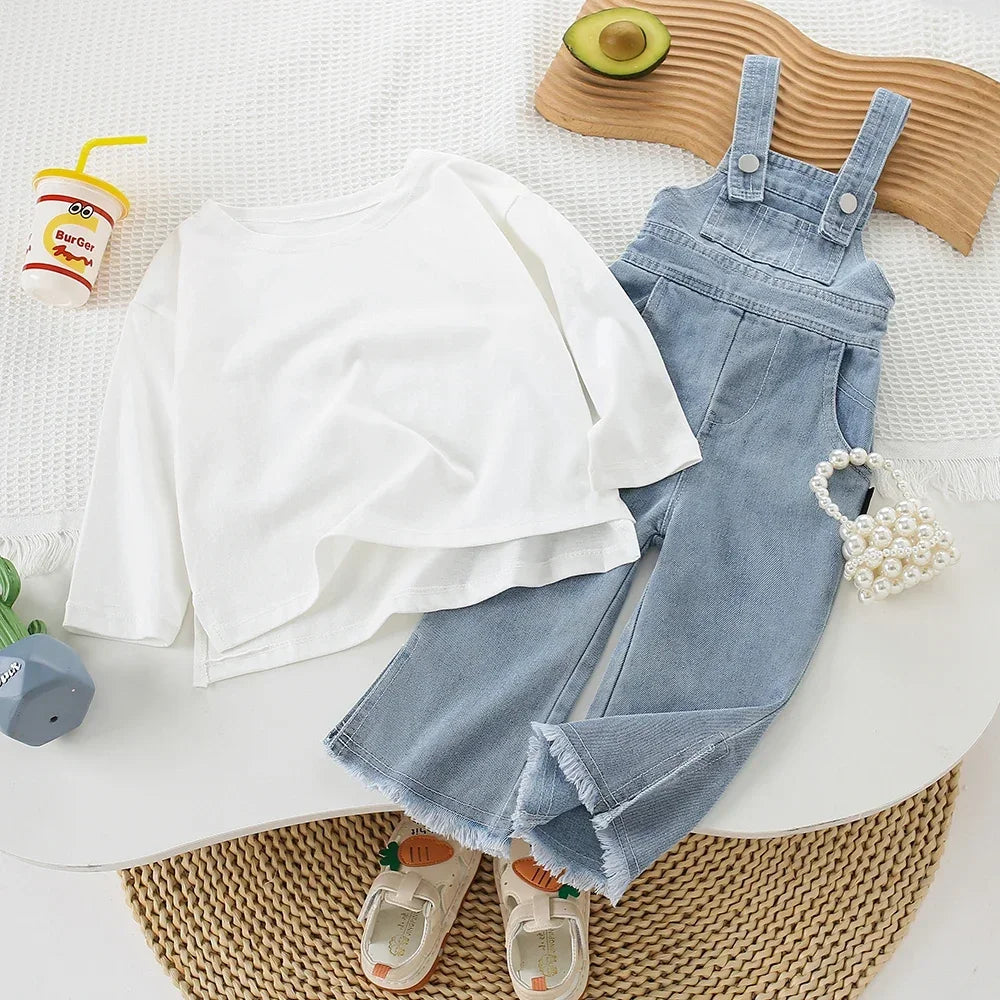 Children's Clothing Sets Long-sleeved T-shirt + Bow Suspenders Jeans Kids Clothes Girls Baby Girl Outfit Set for 2 To 6 Years