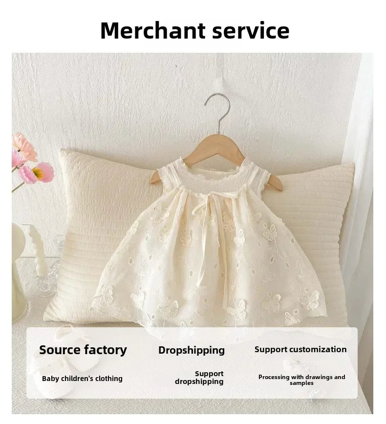 Girls' Korean Version Summer New 2025 Cute Bow Suspender Doll Shirt, Children's Stylish Embroidered Sweet Top