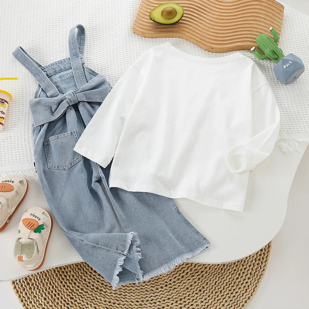 Children's Clothing Sets Long-sleeved T-shirt + Bow Suspenders Jeans Kids Clothes Girls Baby Girl Outfit Set for 2 To 6 Years