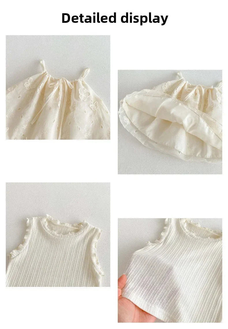 Girls' Korean Version Summer New 2025 Cute Bow Suspender Doll Shirt, Children's Stylish Embroidered Sweet Top