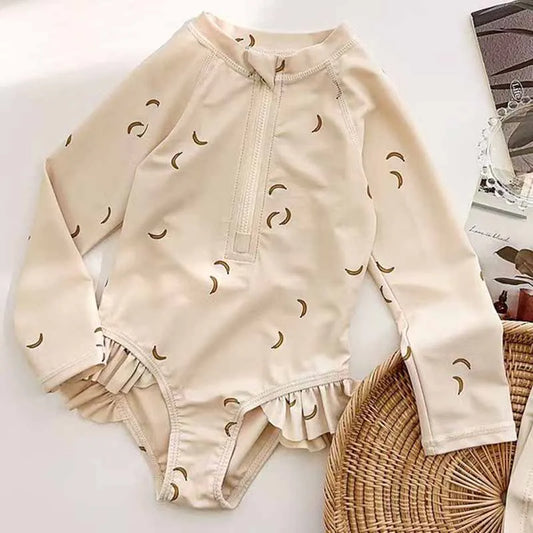 Children's Swimming Costume Girls Jumpsuit Long-Sleeved Swimsuit Baby Sunscreen Quick-Dry Swimwear Kids Cute Summer Beachwear