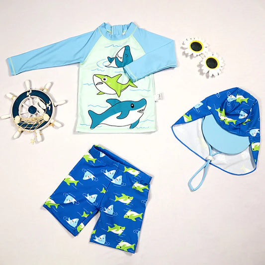 3 PCS Children Swimming Costume Boy Swimwear Cute Shark  Swim Suits Sunblock Beach Clothing With Cap Kids Boys Swimsuits 2-15Y